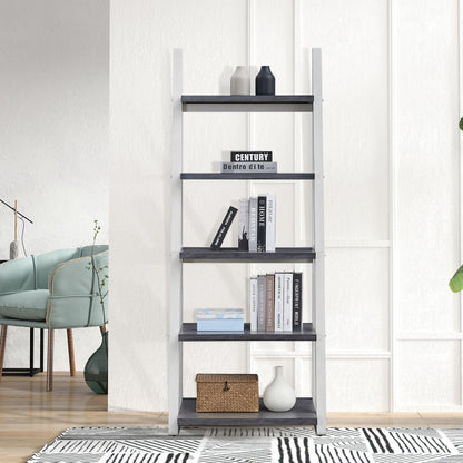 Modern 5-Tier Ladder Bookshelf with Solid Rubber Wood Frame for Versatile Storage in Any Room