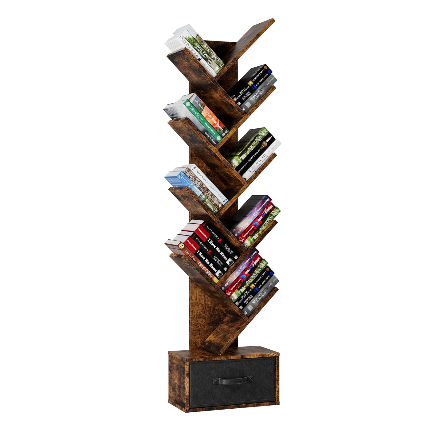 9-Tier Rustic Tree-Shaped Bookshelf with Drawer, Modern Free-Standing Organizer for Home Office and Living Room