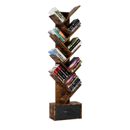 9-Tier Rustic Tree-Shaped Bookshelf with Drawer, Modern Free-Standing Organizer for Home Office and Living Room