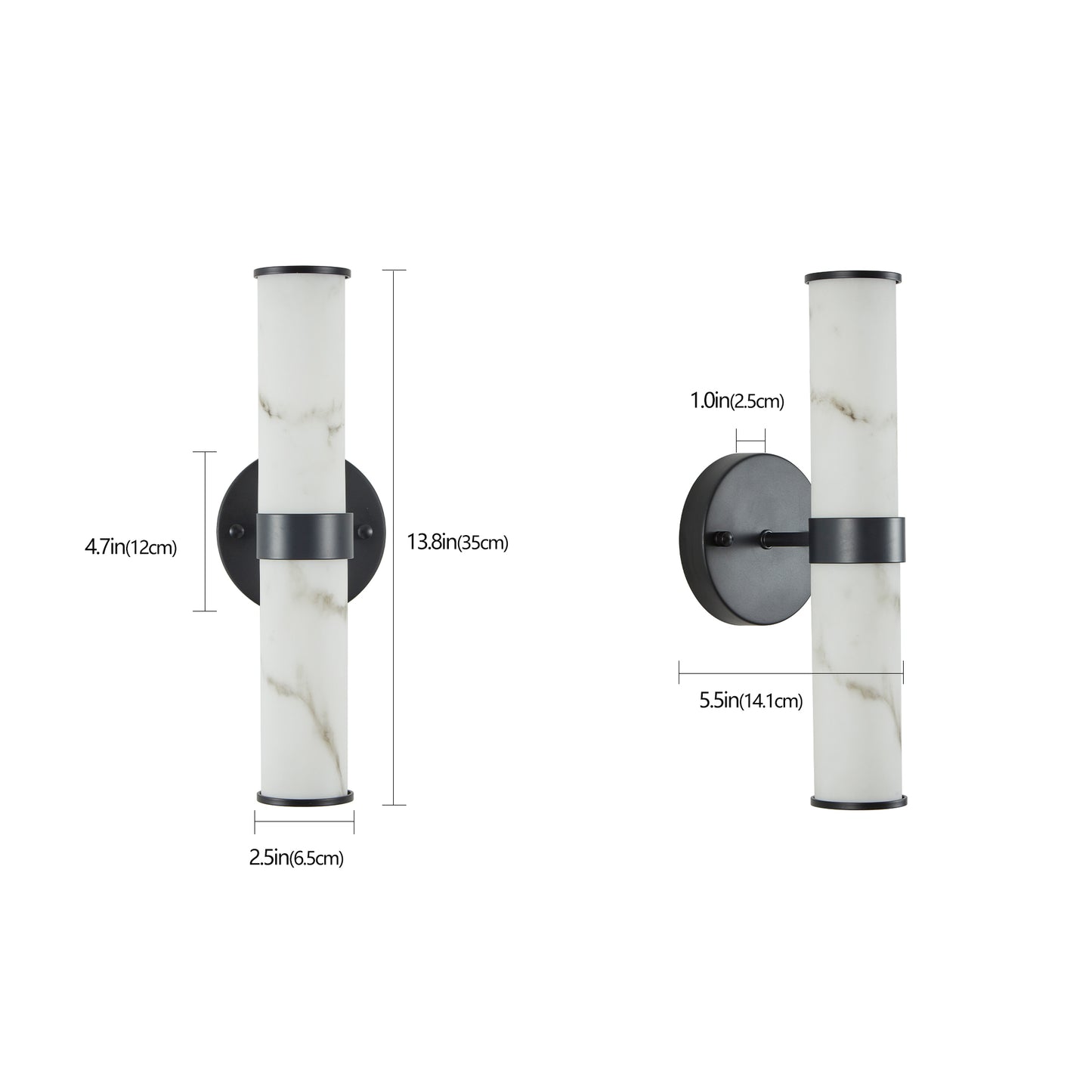 2-Pack Faux Marble Resin Wall Sconces – Indoor Hallway, Bathroom, Bedroom Lighting, Black Iron Finish