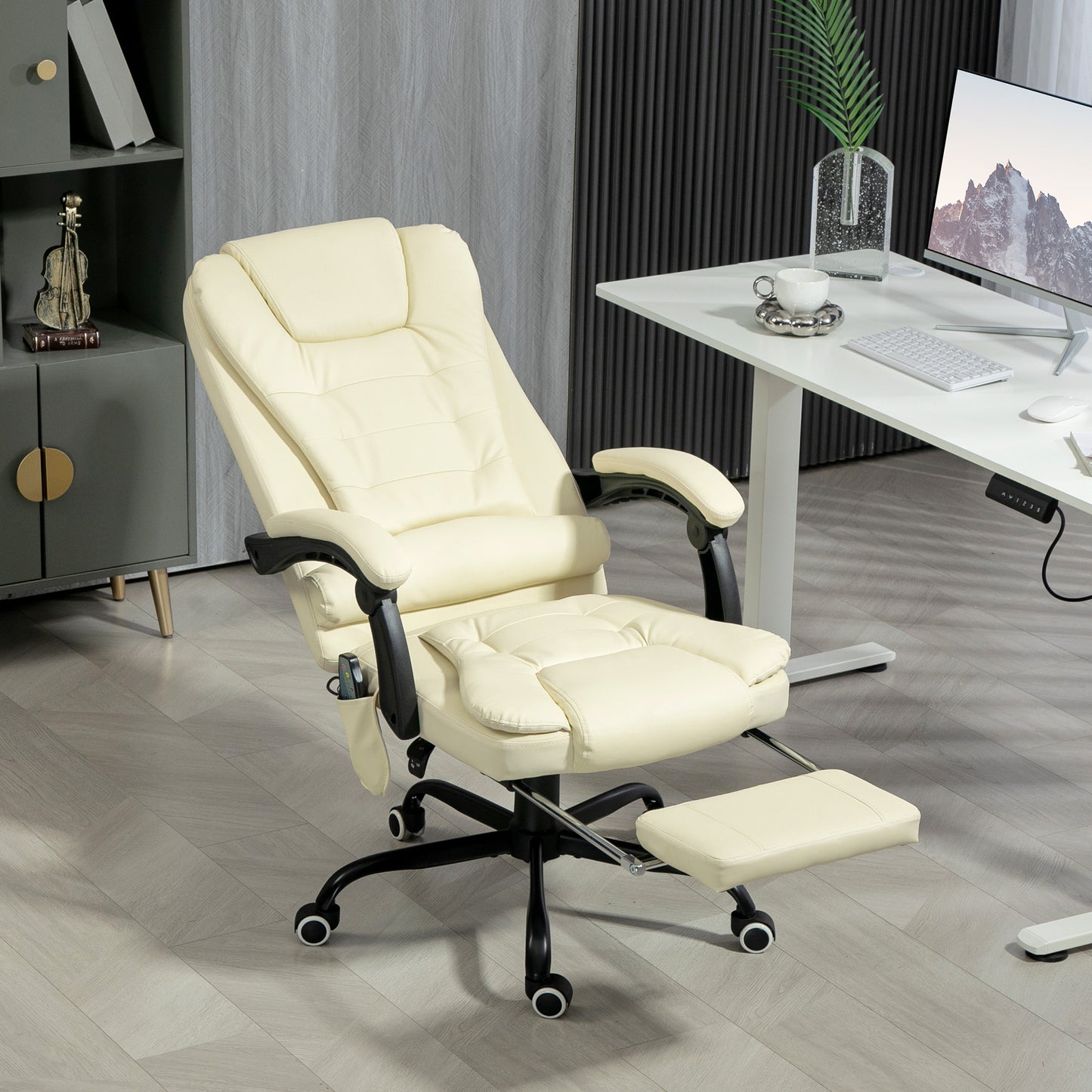 Cream White 7-Point Vibrating Massage Office Chair with Reclining Back and Footrest, Ergonomic Design for Ultimate Comfort