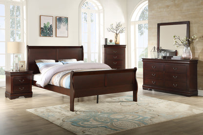 Louis Phillipe Elegant Brown Cherry Queen Sleigh Bed in Solid Wood for Luxurious Bedroom Decor