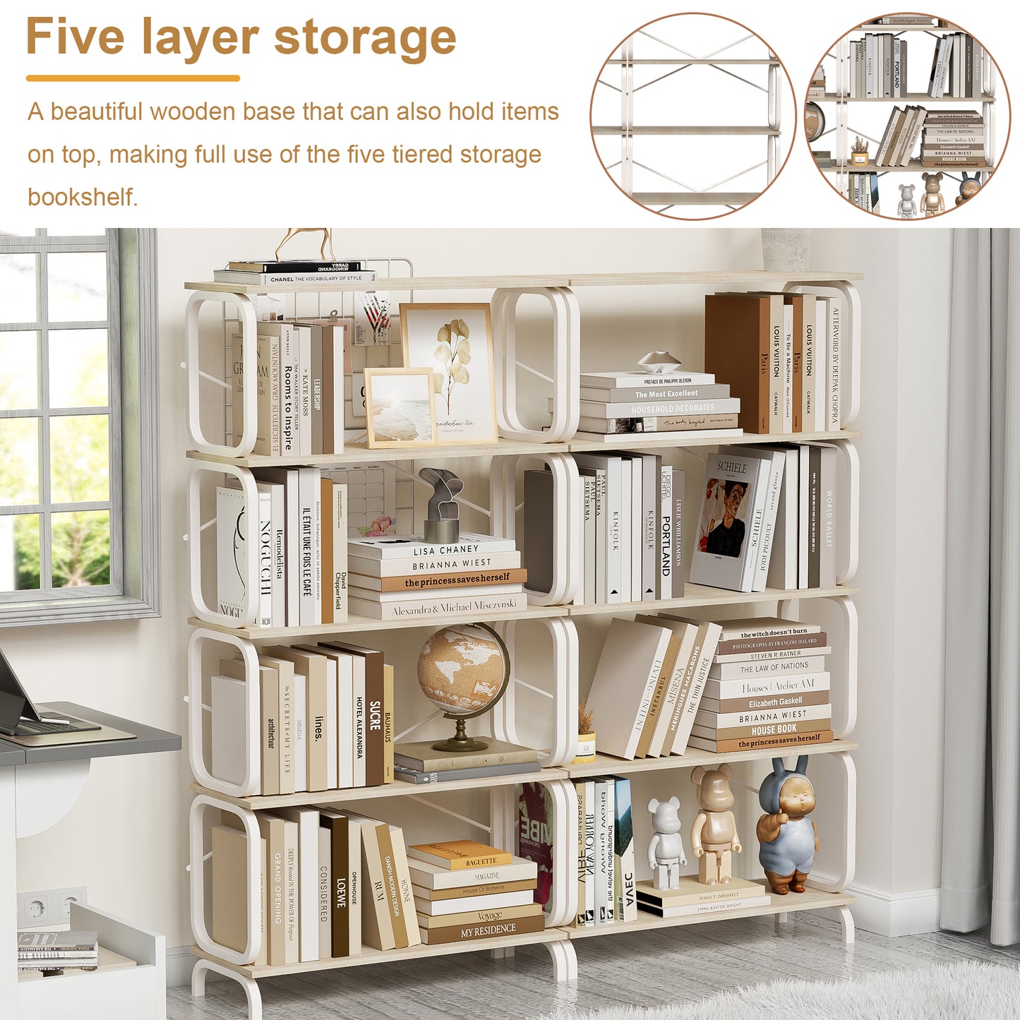 Industrial Vintage 5-Tier Bookshelf with White Metal Frame for Home and Office Storage