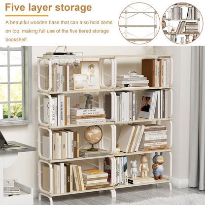 Industrial Vintage 5-Tier Bookshelf with White Metal Frame for Home and Office Storage