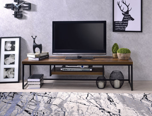 60-Inch TV Stand with Open Shelf, Cable Mgmt, Metal Base, 59in Wide Weathered Oak & Black Finish