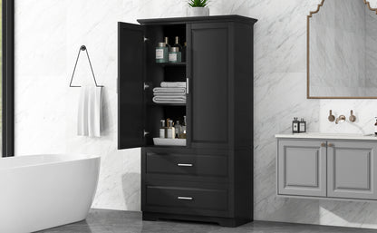 Black Tall Storage Cabinet with Adjustable Shelves, Doors, and Drawers - MDF Construction