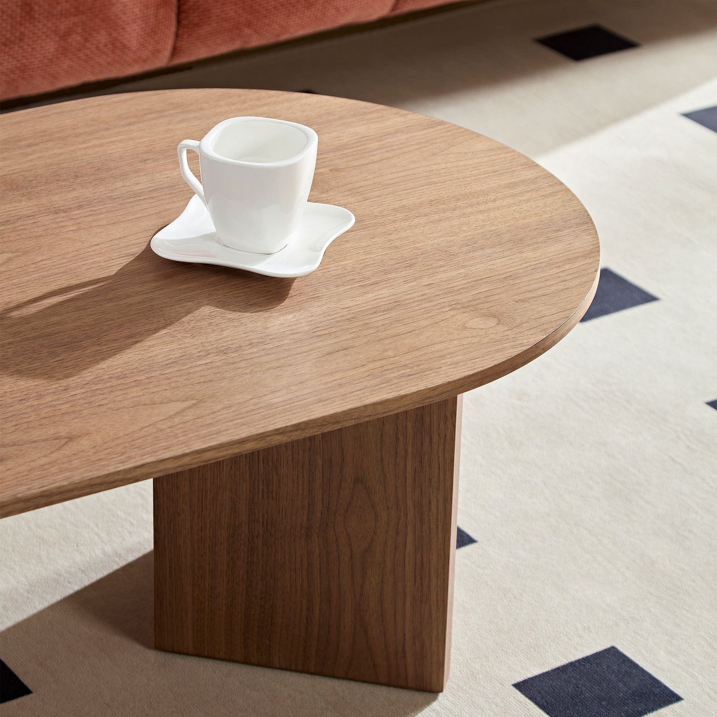 Length 39.37 Inch Modern Coffee Table,MDF Oval Coffee Table for Living Room,Small Coffee Table with Sturdy Pedestal for Apartment,Bedroom,Walnut
