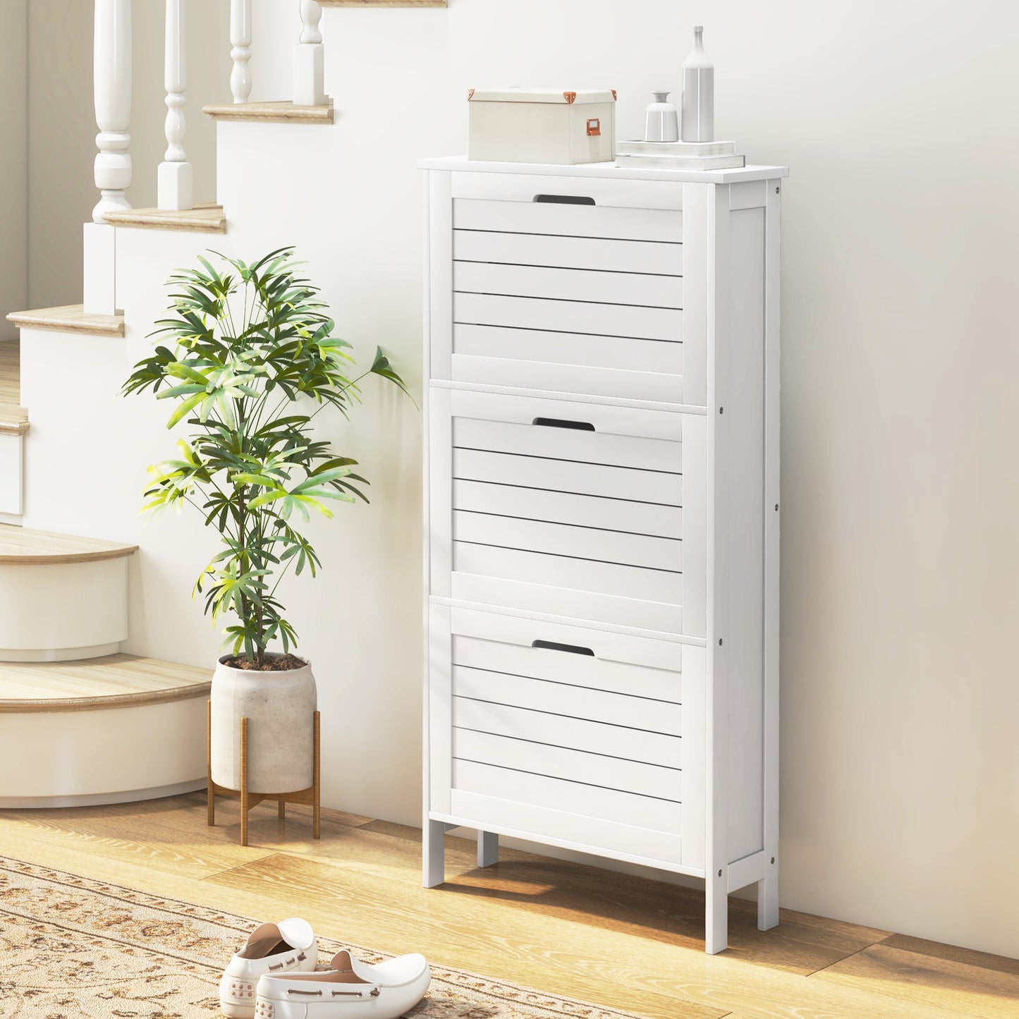 Slim Entryway Shoe Organizer Cabinet with 3 Flip Drawers and Louvered Doors, Holds 6 Pairs of Shoes, White Finish