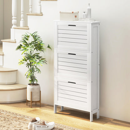 Slim Entryway Shoe Organizer Cabinet with 3 Flip Drawers and Louvered Doors, Holds 6 Pairs of Shoes, White Finish