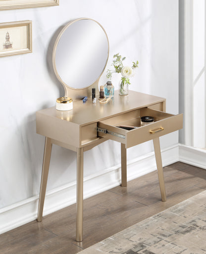 Contemporary Wood Vanity and Stool Set for Bedroom, Drawer Storage, 2-Piece Vanity Set Gold