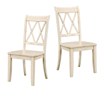 Set of 2 Pine Veneer Side Chairs, 18.5 in seat, Transitional Double-X Back, Dining Room White