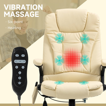 Beige High Back Massaging Office Chair with Heated Recline and Remote Control, 6 Vibration Points