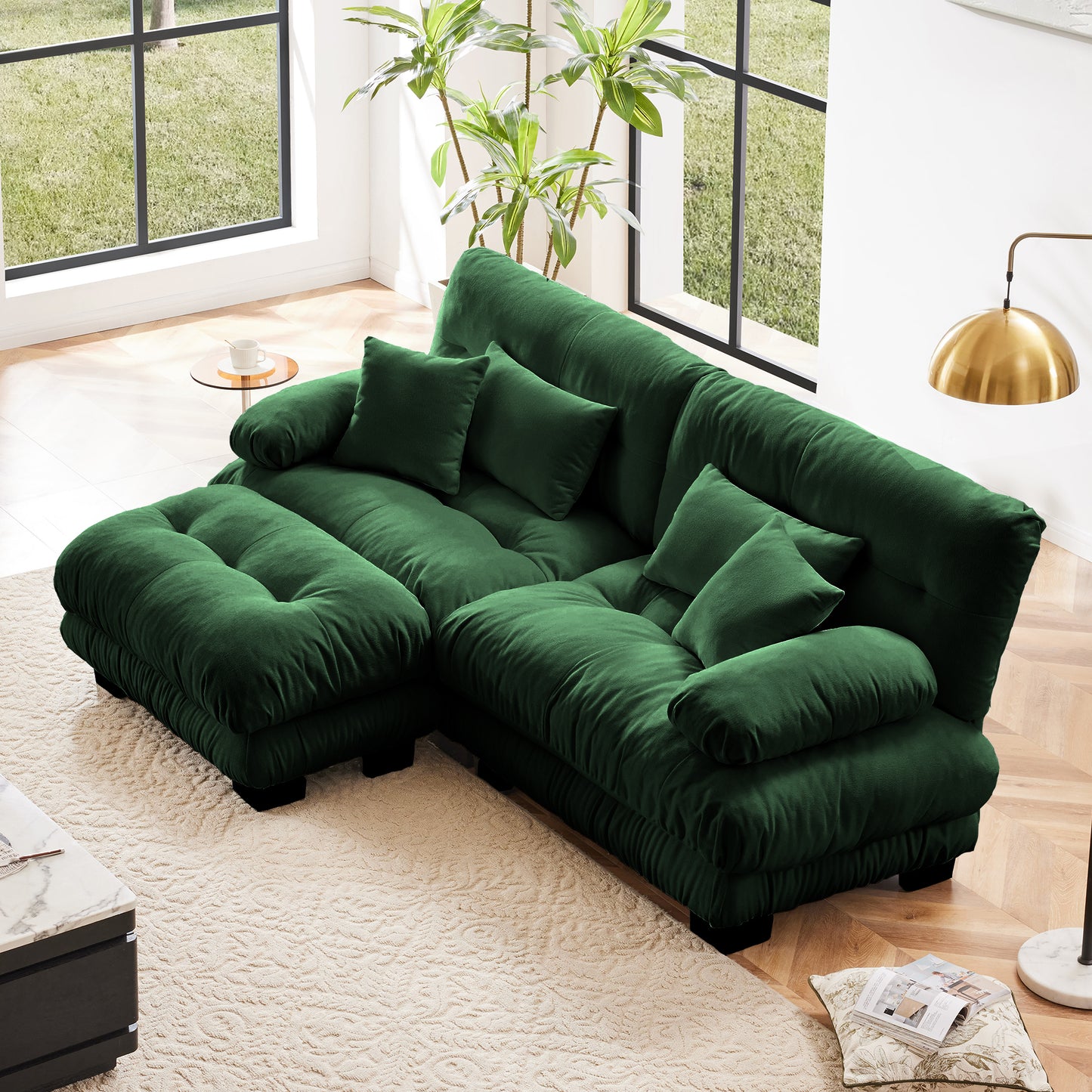 Sectional Sofa with Convertible Ottoman, Chenille 2-Seater + 2 Lumbar & 2 Throw Pillows, Wide-Arm Green