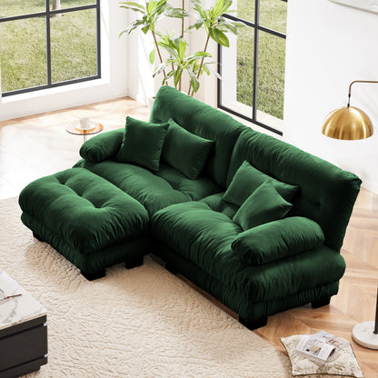 Sectional Sofa with Convertible Ottoman, Chenille 2-Seater + 2 Lumbar & 2 Throw Pillows, Wide-Arm Green