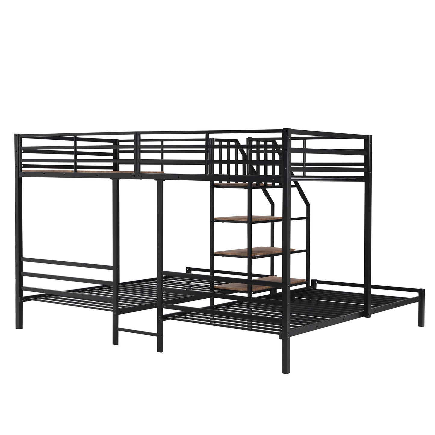 Black Metal Triple Bunk Bed with Storage Shelves and Staircase - Twin Over Twin Configuration