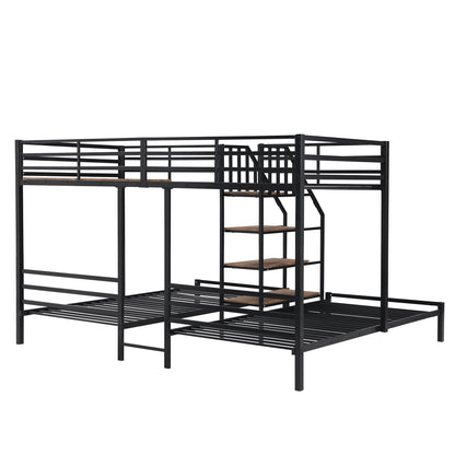 Black Metal Triple Bunk Bed with Storage Shelves and Staircase - Twin Over Twin Configuration