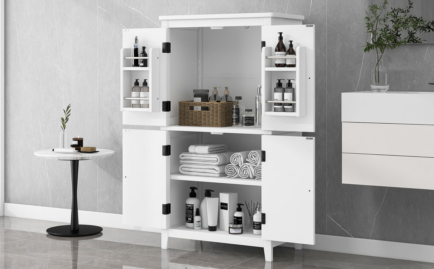 Stylish Freestanding Bathroom Storage Cabinet with 4 Adjustable Shelves, White MDF Unit