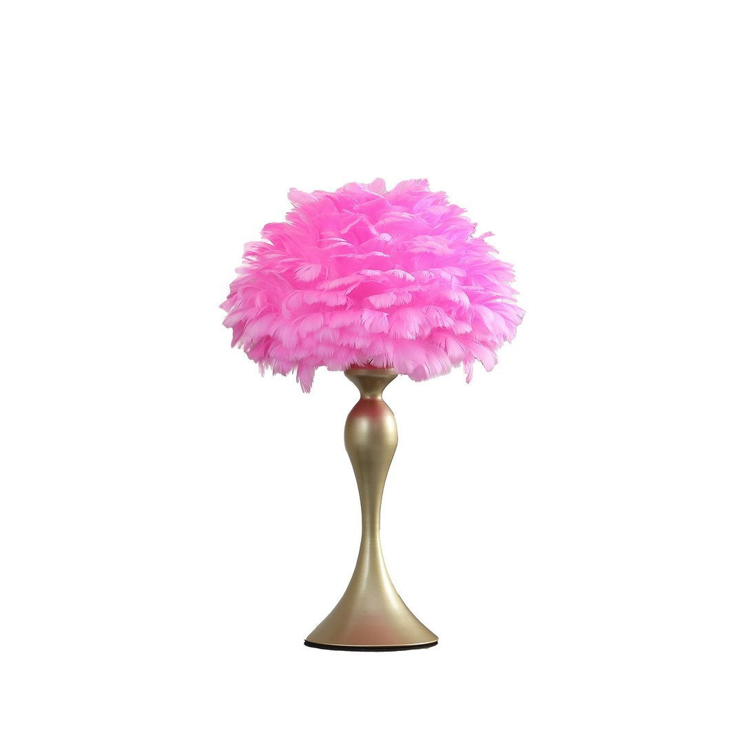 Glam Table Lamp, Satin Gold Contour Candlestick, 23.5in Tall, Feather Shade 15.5in, 40W E26, Hot Pink