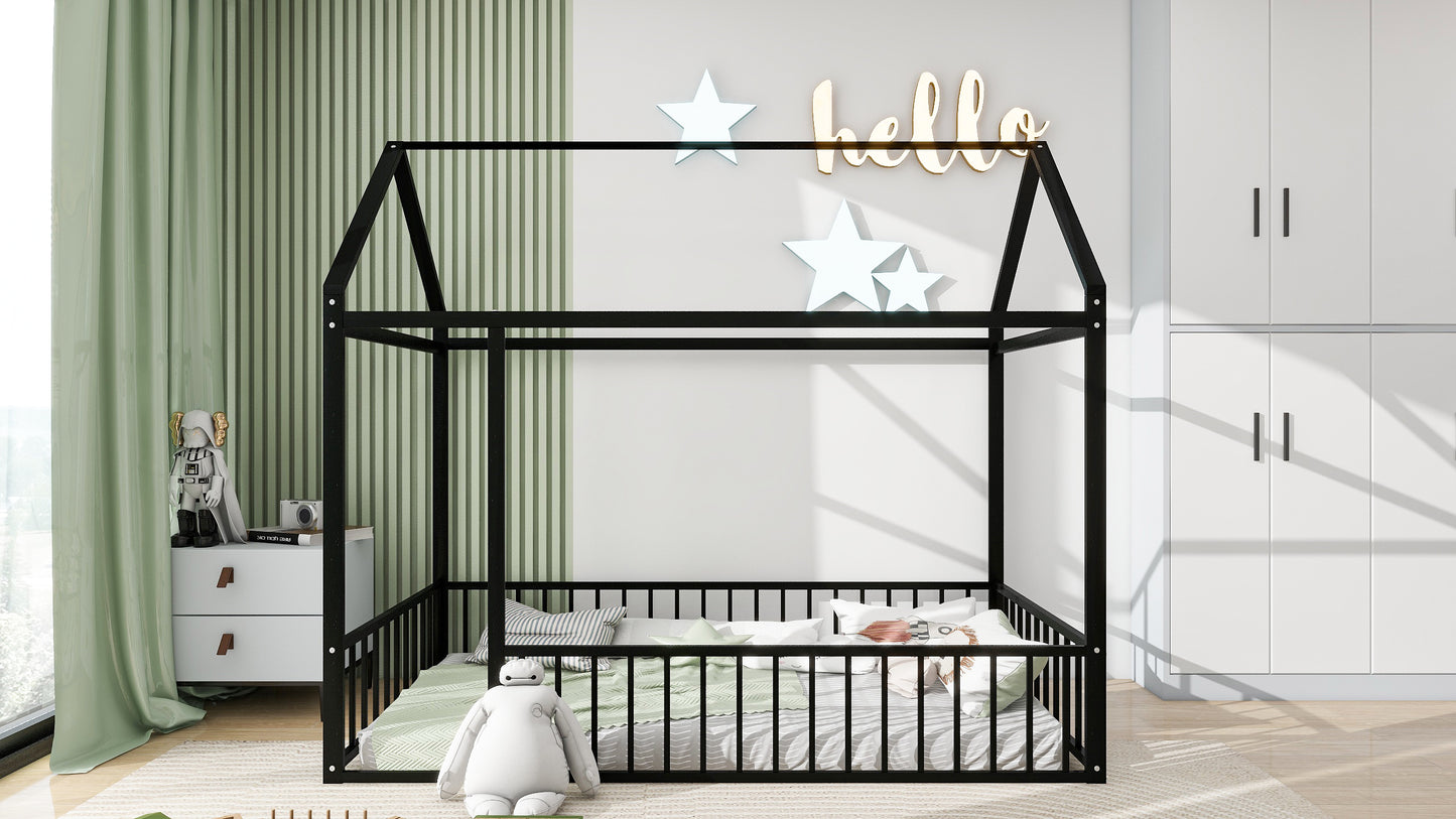 Twin Size Black Metal House Bed Frame with Playful Roof and Fence for Kids and Teens