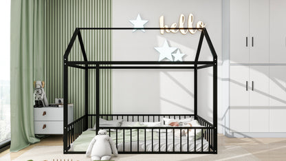 Twin Size Black Metal House Bed Frame with Playful Roof and Fence for Kids and Teens