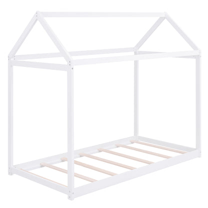 White Twin Size Pine Wood House Bed for Kids