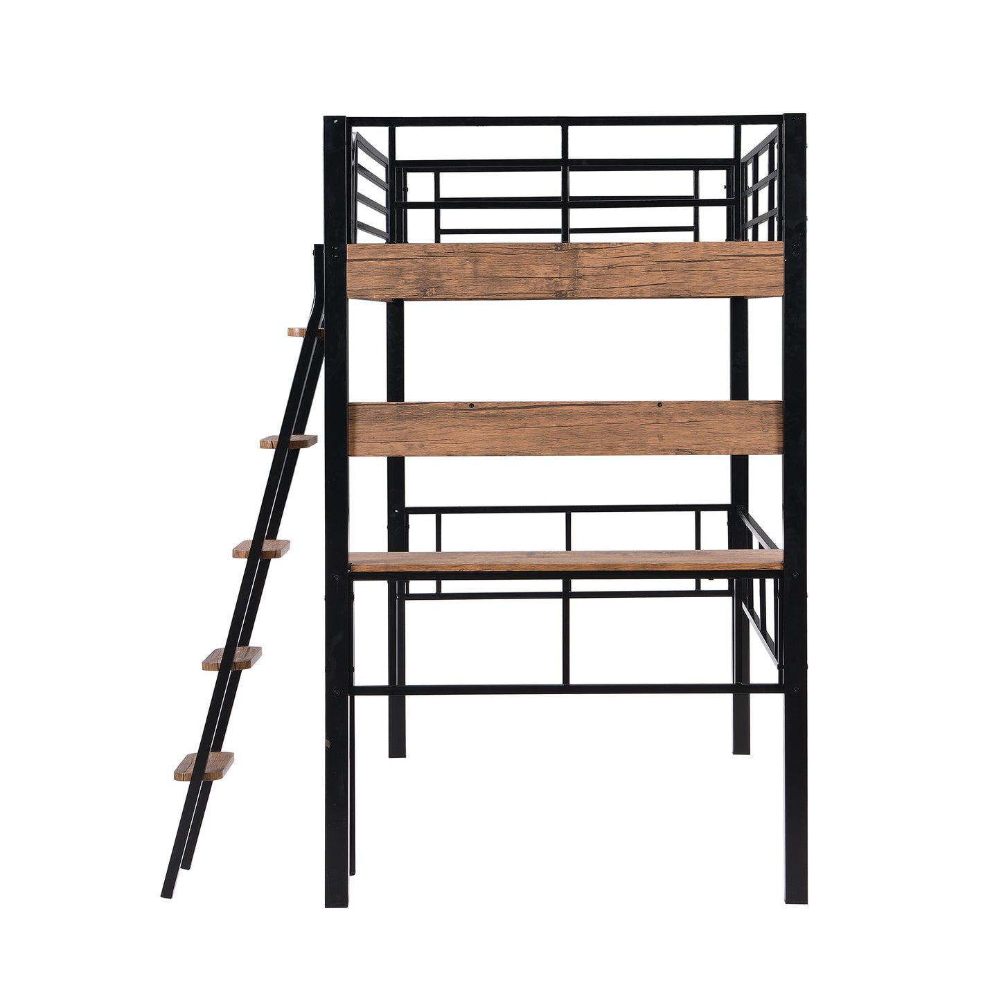 Black Metal Twin Loft Bed with Integrated Desk, Storage Shelf, and Ladder