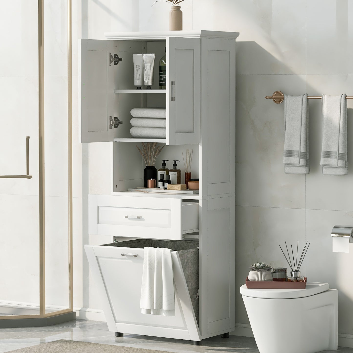 White Tall Storage Cabinet with Tilt-Out Laundry Hamper and Upper Shelves