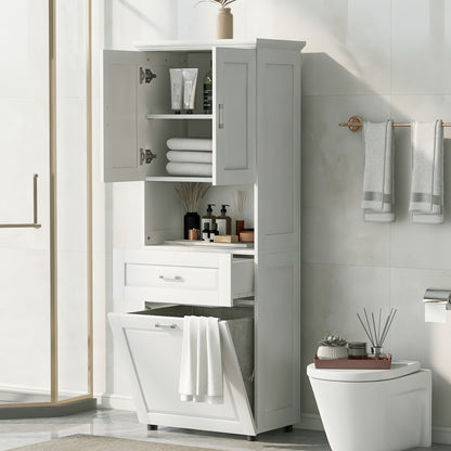 White Tall Storage Cabinet with Tilt-Out Laundry Hamper and Upper Shelves