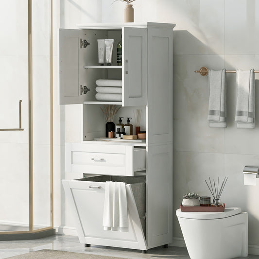 White Tall Storage Cabinet with Tilt-Out Laundry Hamper and Upper Shelves