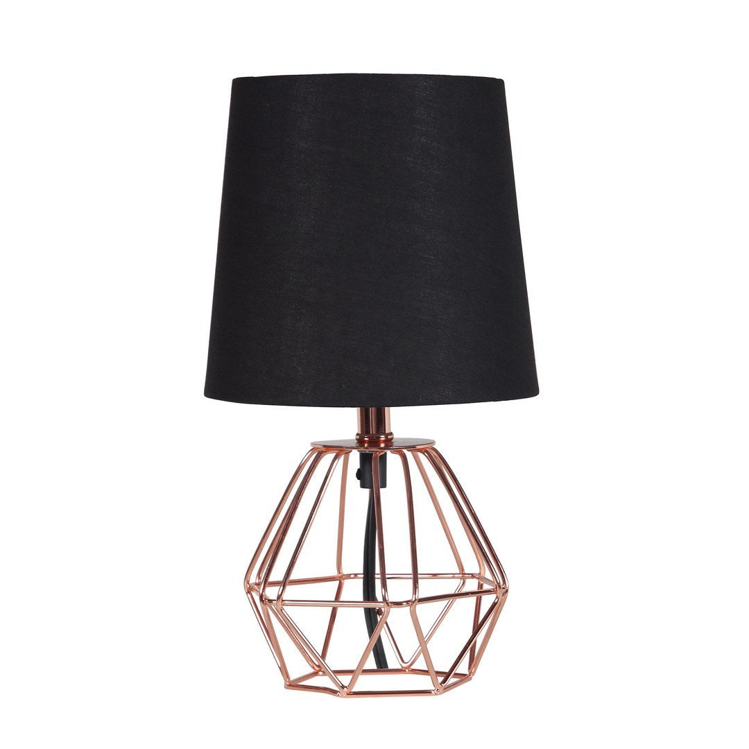 Geometric Metal Table Lamp, 11.25 in H, 6.5 in Base, Black Shade, Inline On/Off, 120V, E12 Bulb, Copper
