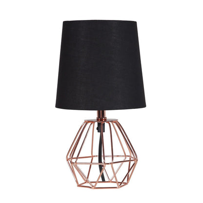 Geometric Metal Table Lamp, 11.25 in H, 6.5 in Base, Black Shade, Inline On/Off, 120V, E12 Bulb, Copper