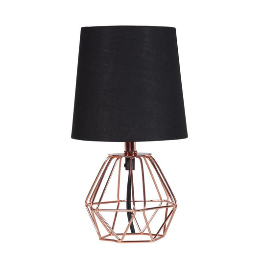 Geometric Metal Table Lamp, 11.25 in H, 6.5 in Base, Black Shade, Inline On/Off, 120V, E12 Bulb, Copper