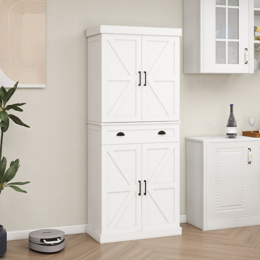 Elegant 71" White Freestanding Kitchen Pantry Cabinet with 4 Doors, 1 Drawer, Adjustable Shelves for Versatile Storage