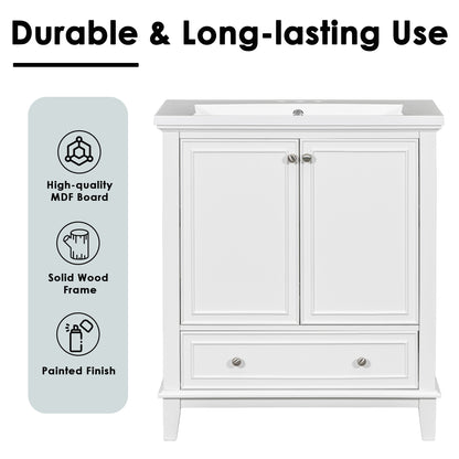 30" Modern Bathroom Vanity with Ceramic Sink, Multi-Storage Cabinet with Adjustable Shelves, Durable Solid Wood & MDF Construction, White Finish