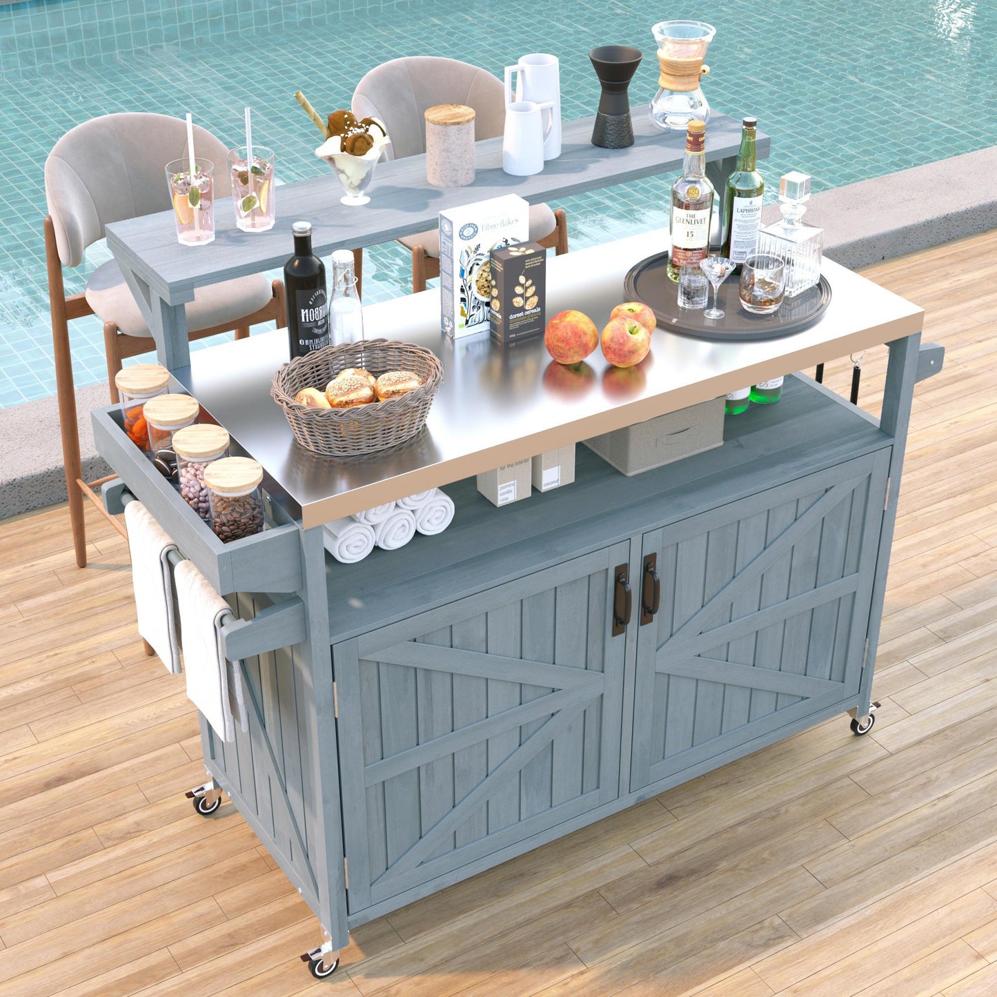 Outdoor Kitchen Island With Stainless Steel Top Solid Wood Cabinet Rolling Grill Cart 53.3 Grey Blue