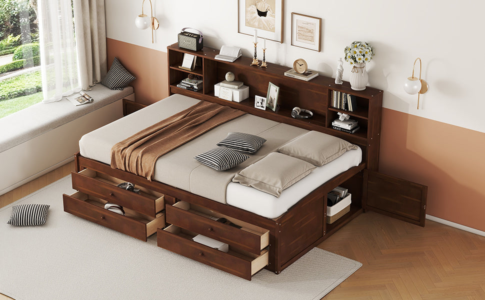 Elegant Antique Brown Full Size Wooden Captain Bed with Ample Storage and Built-in Shelves