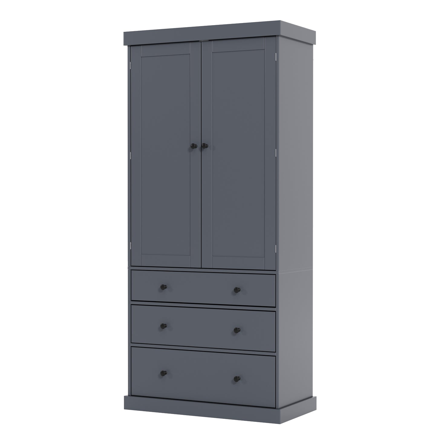 Tall Gray Farmhouse Kitchen Pantry Cabinet with Adjustable Shelves, Drawers, and Door Storage Solutions