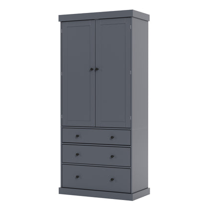 Tall Gray Farmhouse Kitchen Pantry Cabinet with Adjustable Shelves, Drawers, and Door Storage Solutions