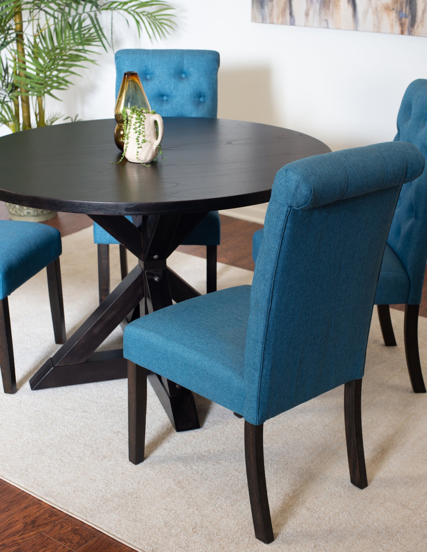 Round Cross Buck Dining Table With Four Contemporary Chairs