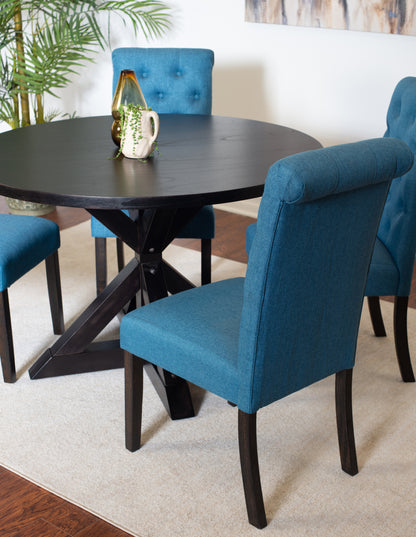 Round Cross Buck Dining Table With Four Contemporary Chairs
