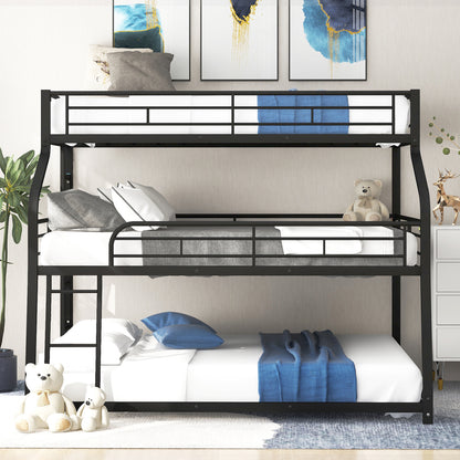 Metal Triple Bunk Bed in Black for Twin XL, Full XL, and Queen Sizes with Dual Ladders and Full-Length Guardrails