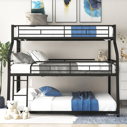 Metal Triple Bunk Bed in Black for Twin XL, Full XL, and Queen Sizes with Dual Ladders and Full-Length Guardrails