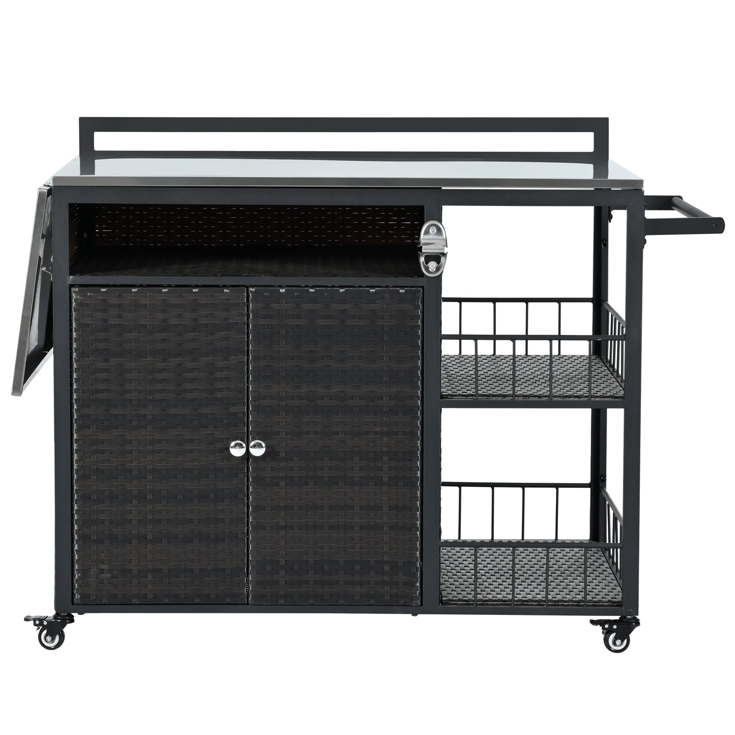 Outdoor Kitchen Island With Storage, Cooking Station And Bottle Opener, Grill Cart, PE Rattan And Iron, Dark Brown