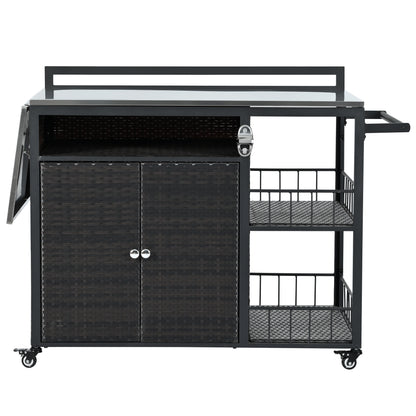 Outdoor Kitchen Island With Storage And Cooking Station, Grill Cart, Foldable Table, 63.9 In L, PE Rattan Dark Brown