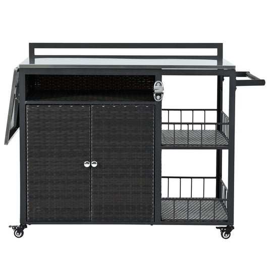 Outdoor Kitchen Island With Storage And Cooking Station, Grill Cart, Foldable Table, 63.9 In L, PE Rattan Dark Brown