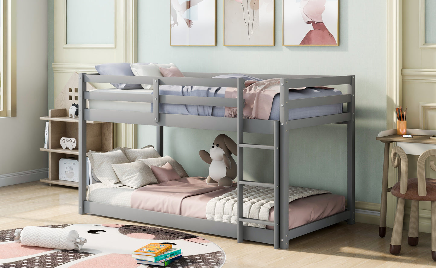 Gray Twin Over Twin Floor Bunk Bed with Ladder for Kids