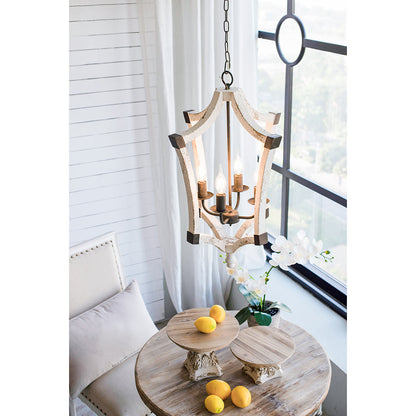 Four-Light Wood Chandelier with Adjustable Chain for Kitchen, Foyer, 18in Wide, Bulbs Not Included, Cream