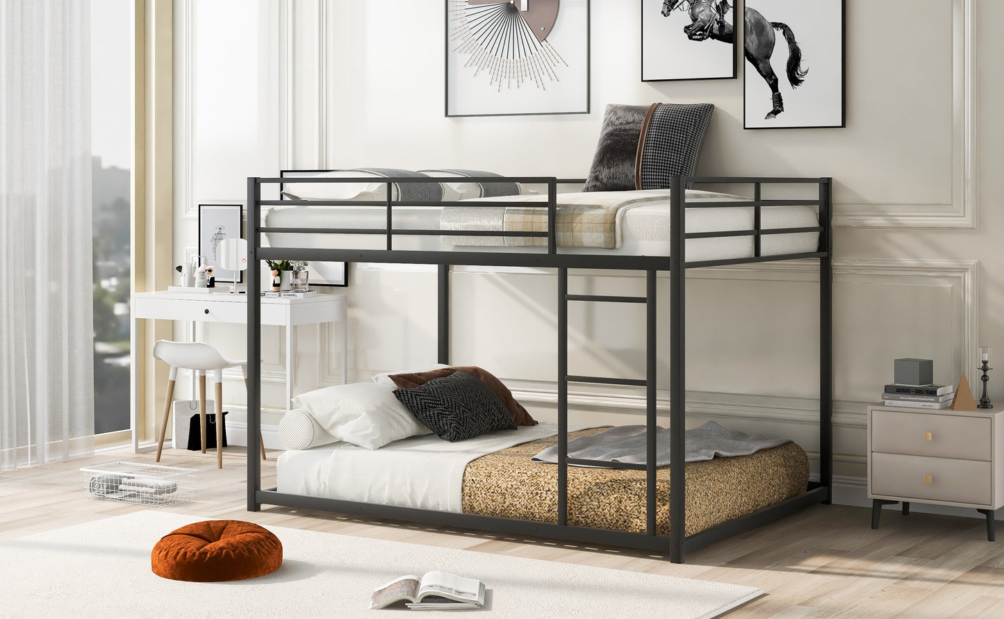 Stylish Black Full Over Full Metal Bunk Bed with Convenient Ladder