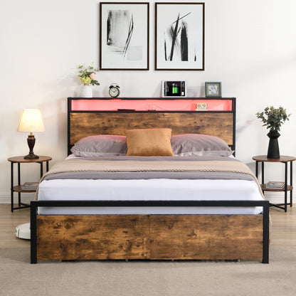 Modern Queen Bed Frame with LED Headboard, Integrated Charging Station & Storage Drawers – Sturdy Metal Platform, No Box Spring Required