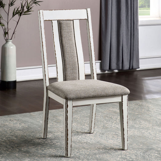 Set of 2 Rustic Dining Chairs – Solid Wood, Upholstered Seat, Contoured Back Weathered White / Warm Gray